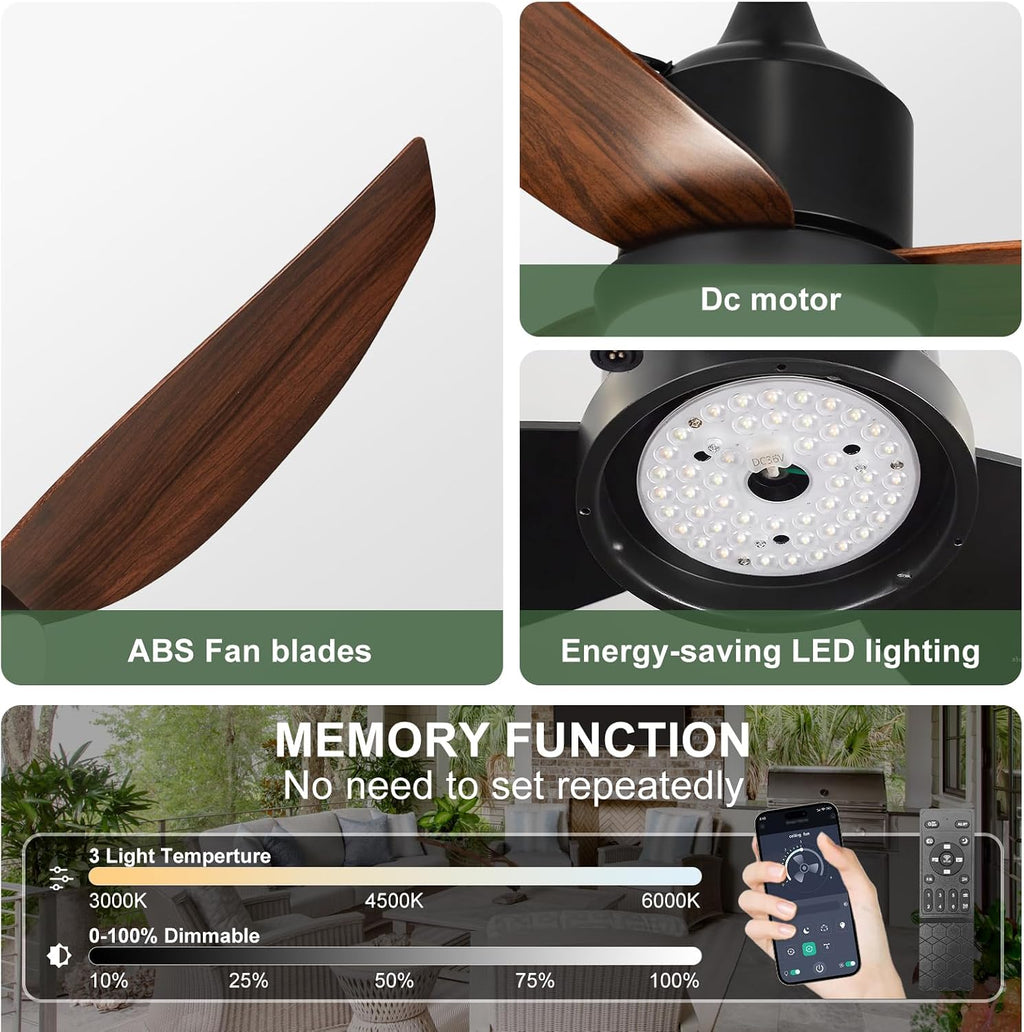 Outdoor Ceiling Fan with Light: 42' Walnut Hanging Fan for Gazebo Waterproof - Plug In Outdoor Fans for Patio Porch Pergola with APP Remote Control Reversible DC Motor