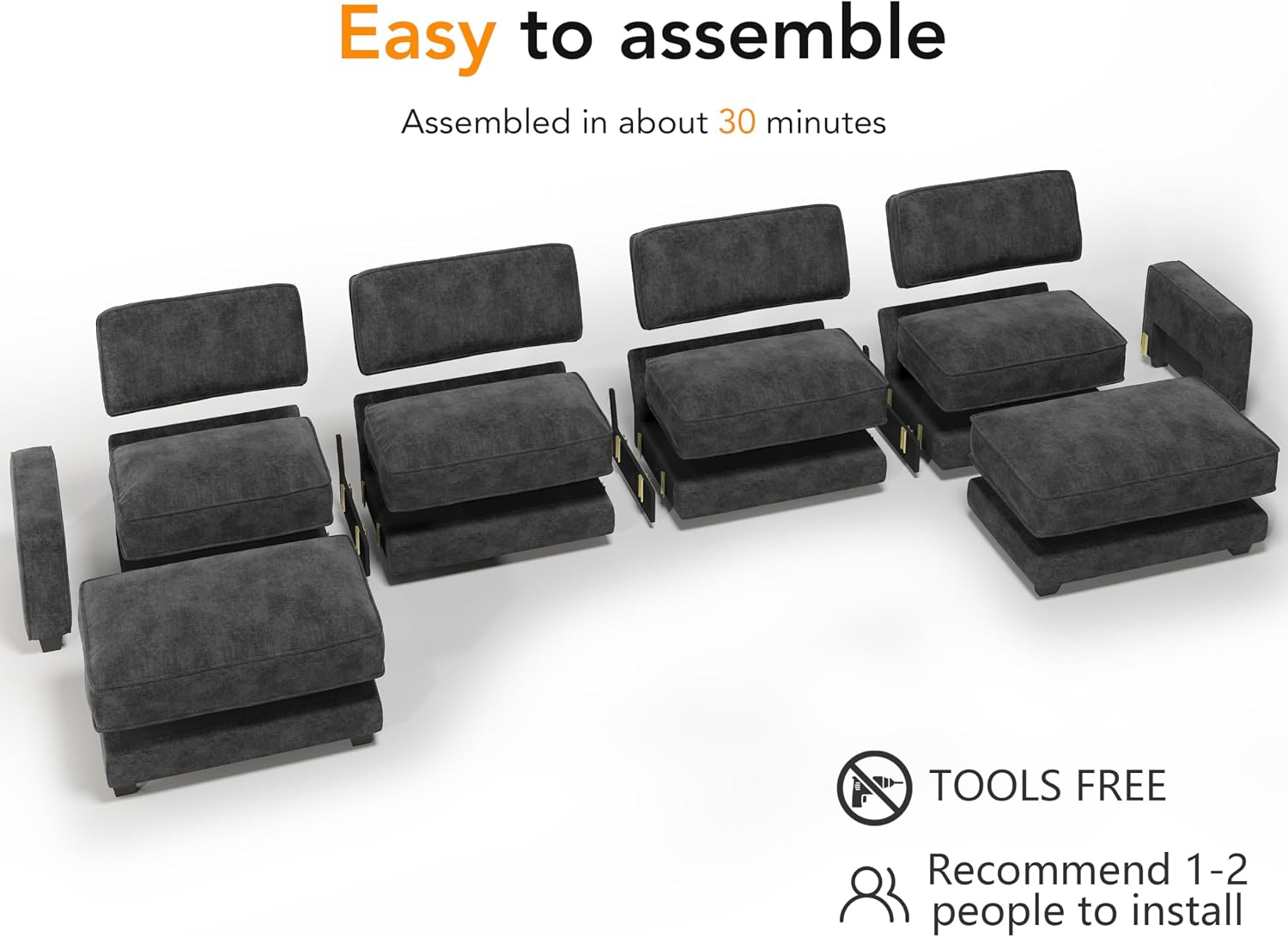 Vipbear 160' Oversized Modular Sectional Sofa, U Shaped Couch Set with 2 Pillows, 6 Seat Comfy Cloud Couches with 2 Movable Ottomans for Living Room, Bedroom and Apartment, Chenille Dark Grey