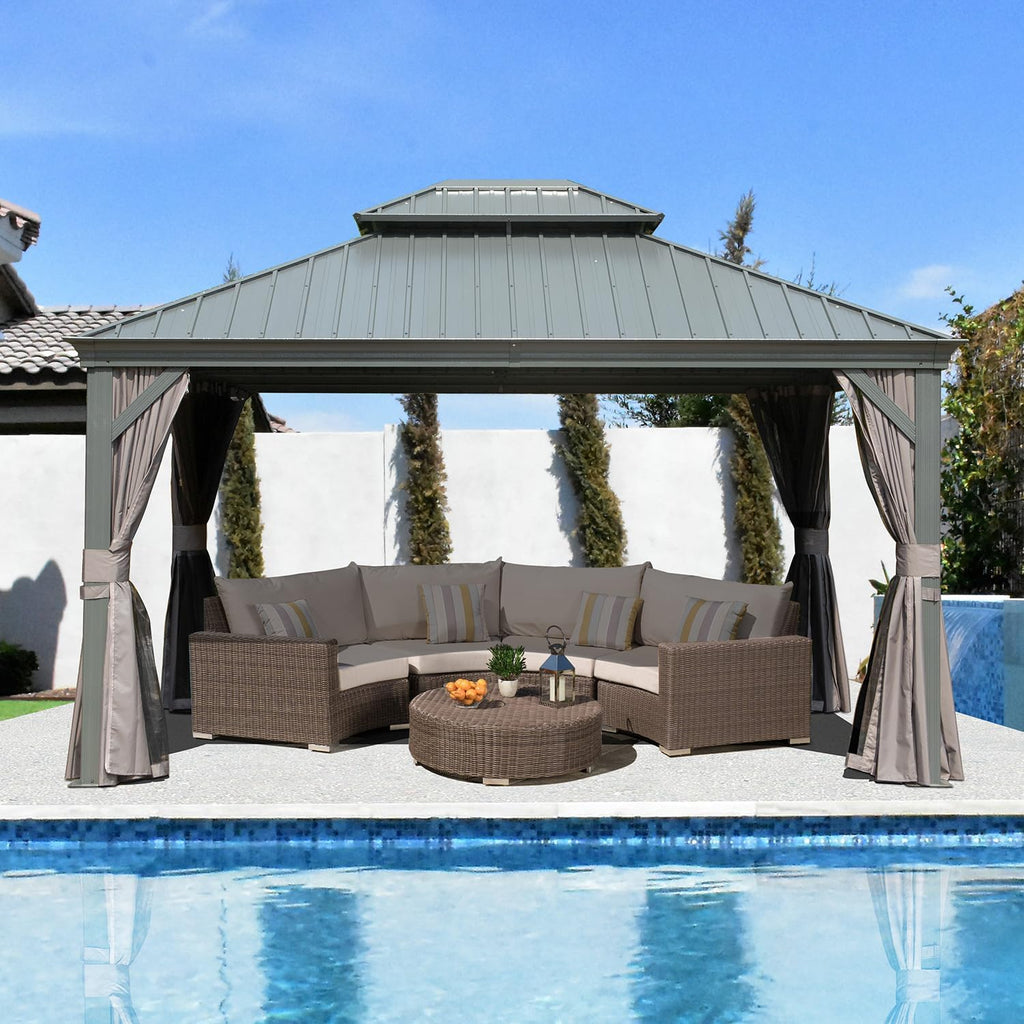 Domi Hardtop Gazebo 10x12FT, Outdoor Gazebo with Galvanized Steel Double Roof, Aluminum Frame, Built-in Gutter System, Curtain and Netting, Metal Gazebo Pavilion for Patio Deck Garden, Grey