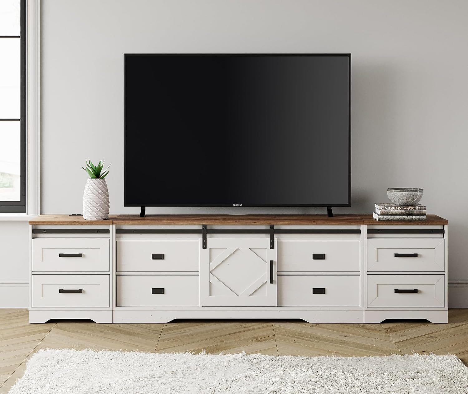 WAMPAT 3-in-1 Modern Farmhouse TV Stand for TVs up to 110',Large Wood Entertainment Center with 4 Drawers and Sliding Barn Door Cabinet for Living Room,Wood Grain Purposeful Distressing,Antique White