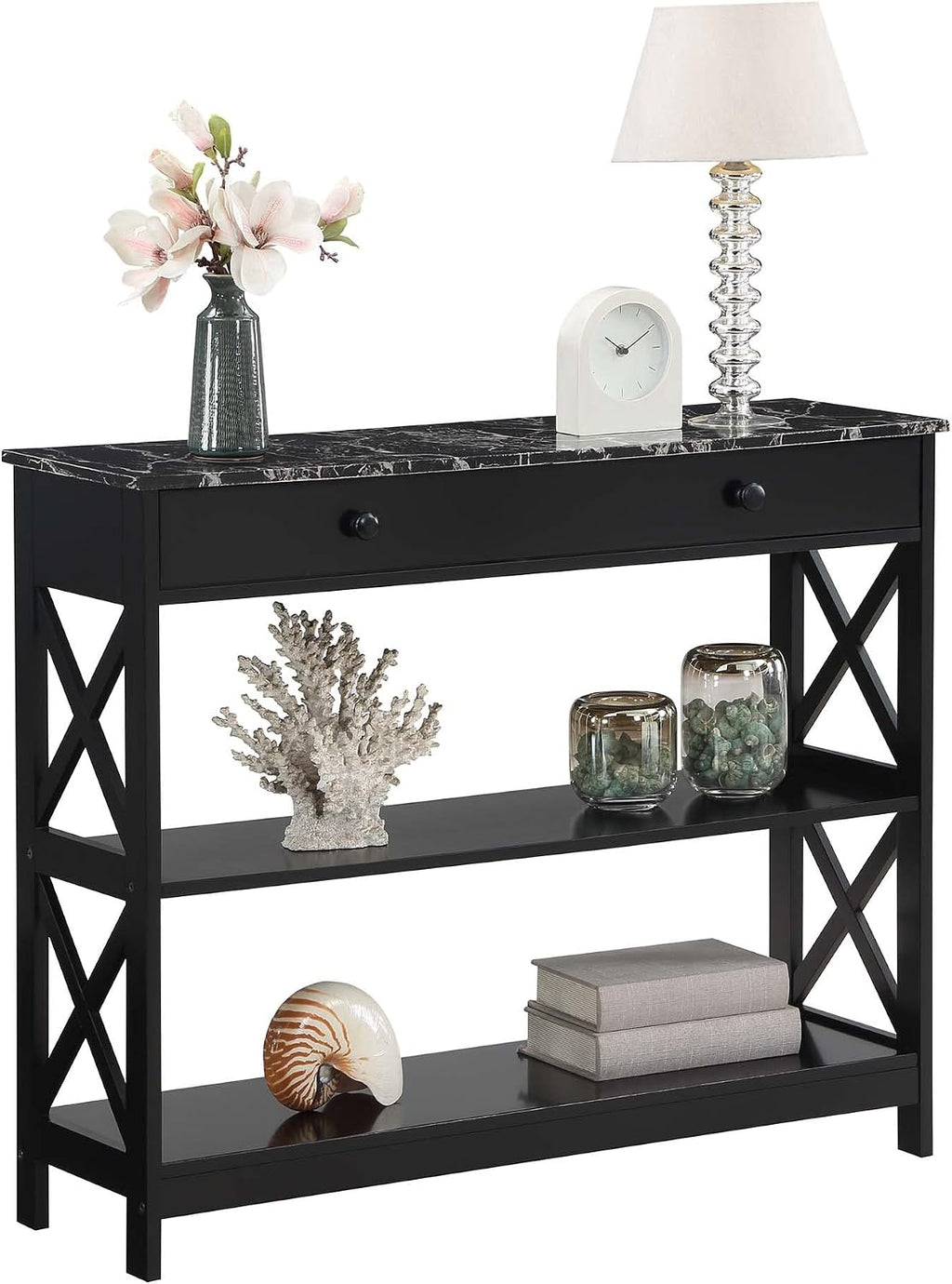 Convenience Concepts Oxford 1 Drawer Console Table with Shelves, Black Faux Marble/Black