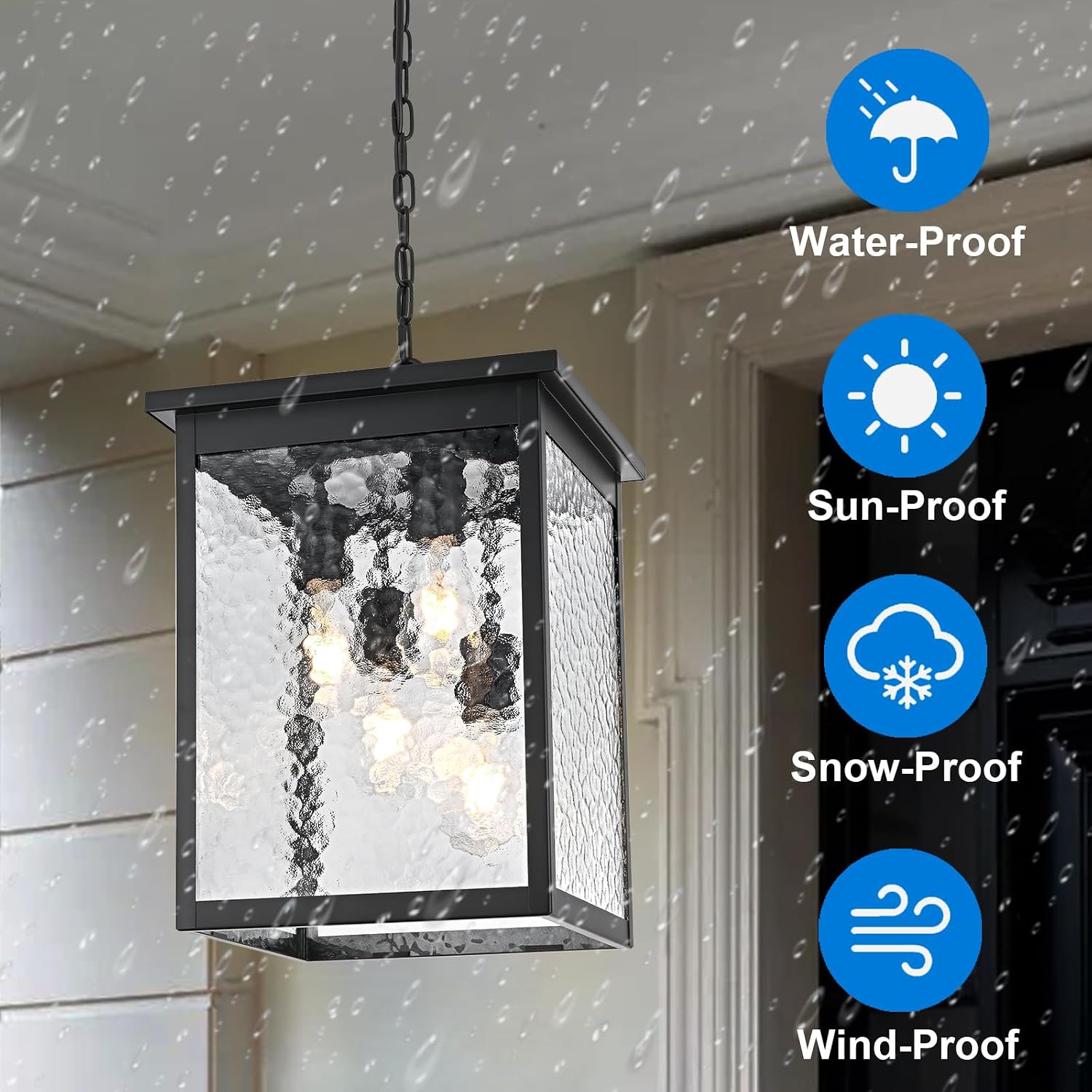 16.7'' Outdoor Pendant Lights for Porch, 4-Lights Black Exterior Pendant Light with Hammer Glass, Outdoor Porch Light Ceiling Mount Outdoor Hanging Light Fixture for Gazebo, Patio, Entryway