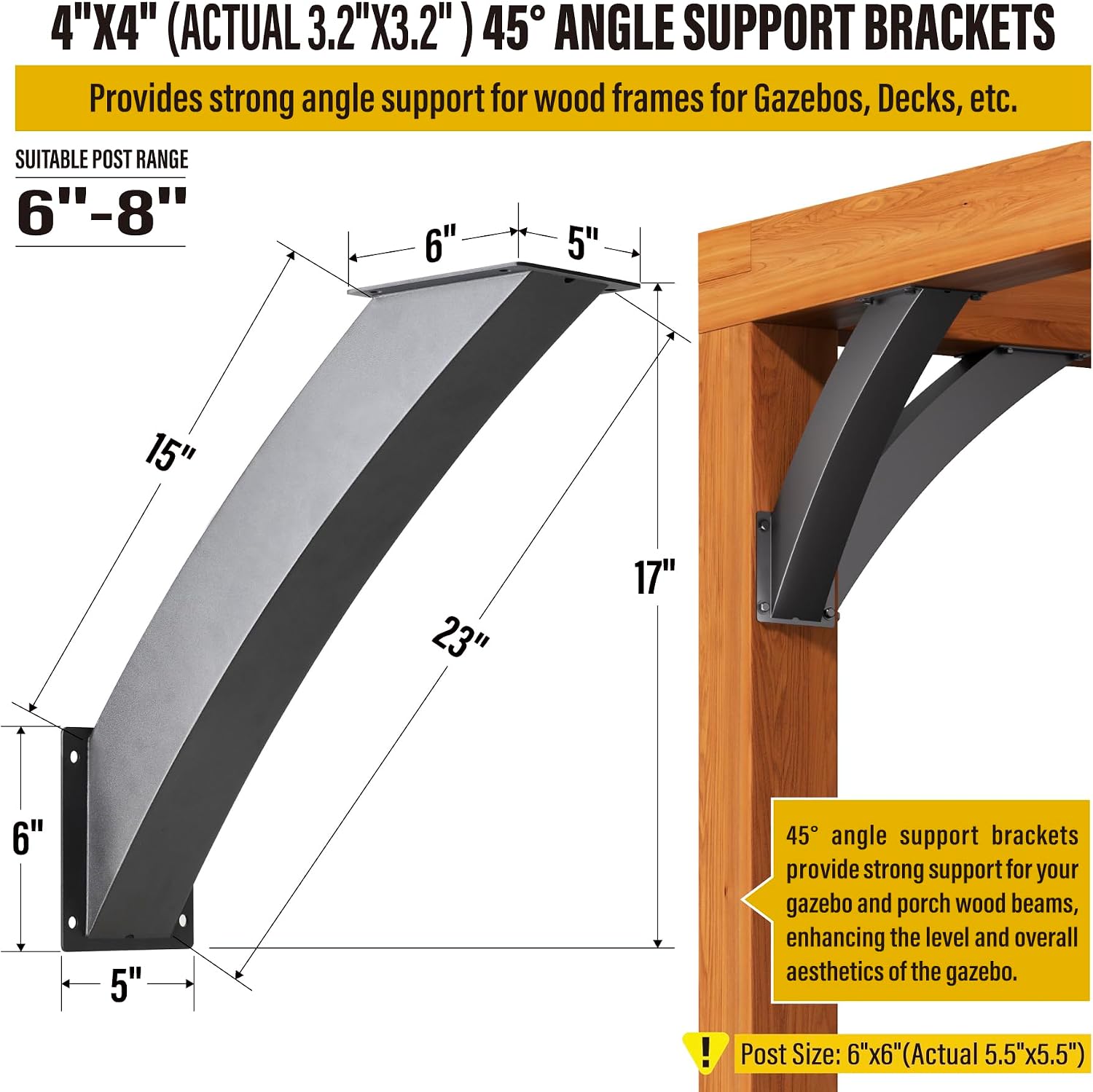 Heavy Duty 45 Degree Angle Support Bracket 4'×4' (Actual: 3.2'×3.2') Wood Beam Support Hardware Degree Post Bracket for Gazebos Pagola Porches 4Pcs
