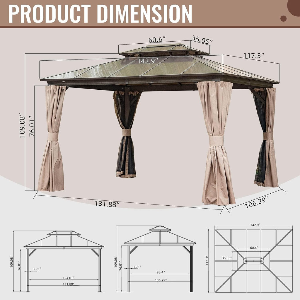 Domi Hardtop Gazebo 10X12FT, Outdoor Aluminum Gazebo with Polycarbonate Double Roof, Curtain and Netting,Permanent Pavilion for Patio Deck,Backyard, Brown