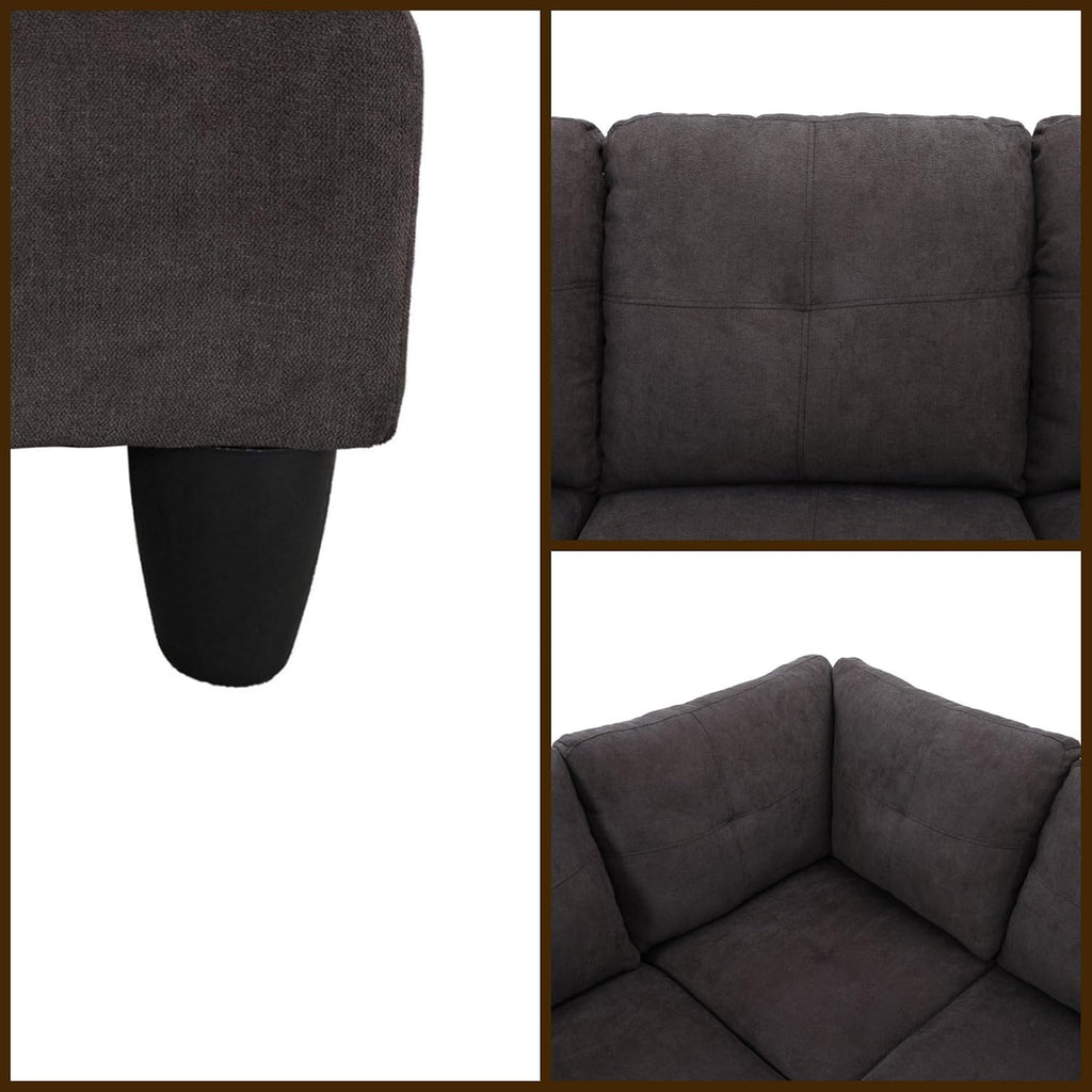 L Shaped Couch Sectional Couches with Chaise, Fluffy Fabric 3 Pieces Modular Convertible Sofa for Living Room Furniture Sets and Small Apartment, Dark Brown