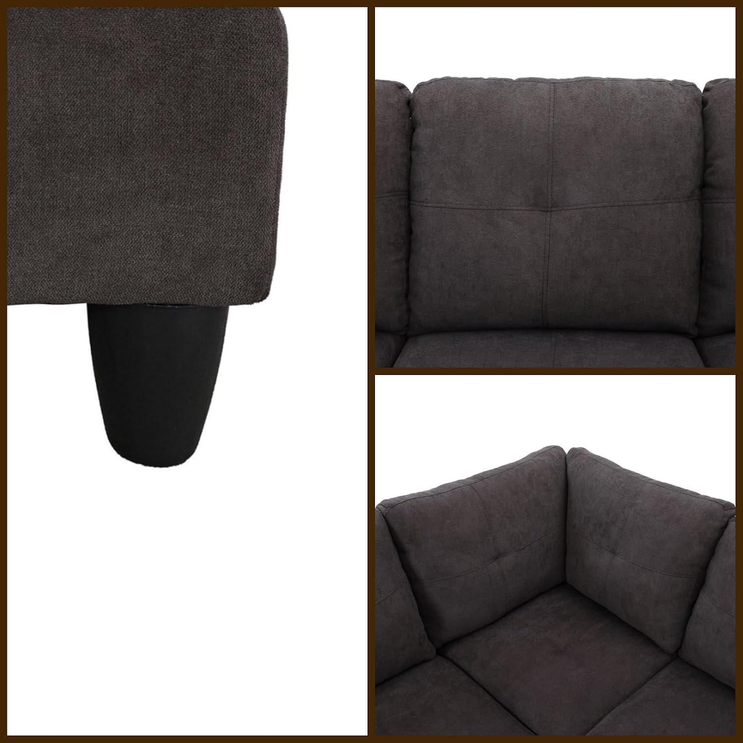 L Shaped Couch Sectional Couches with Chaise, Fluffy Fabric 3 Pieces Modular Convertible Sofa for Living Room Furniture Sets and Small Apartment, Dark Brown