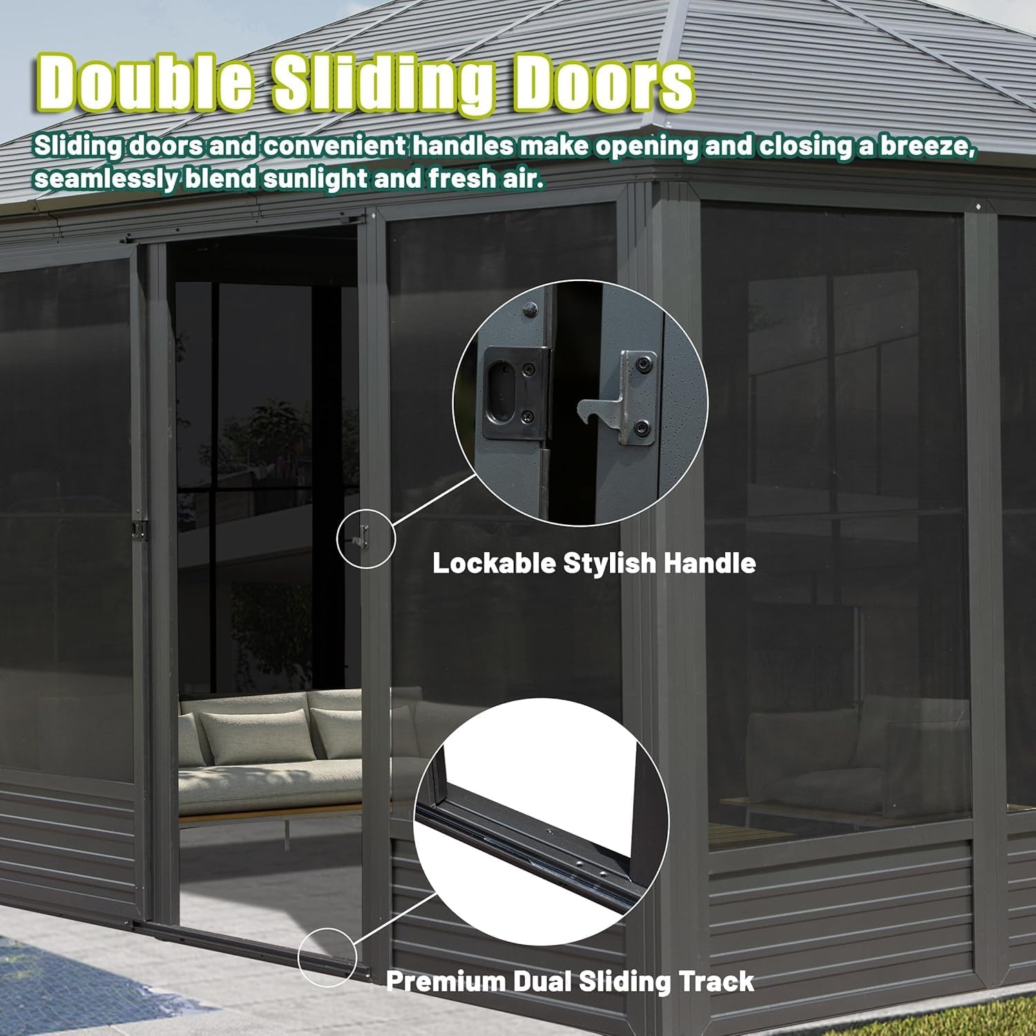 13x16.5FT Four-Season Sunroom Solarium with Galvanized Steel Roof & Movable PVC Screens | All-Weather Aluminum Hardtop Gazebo, Lockable Sliding Door for Patio, Deck, Backyard, Grey