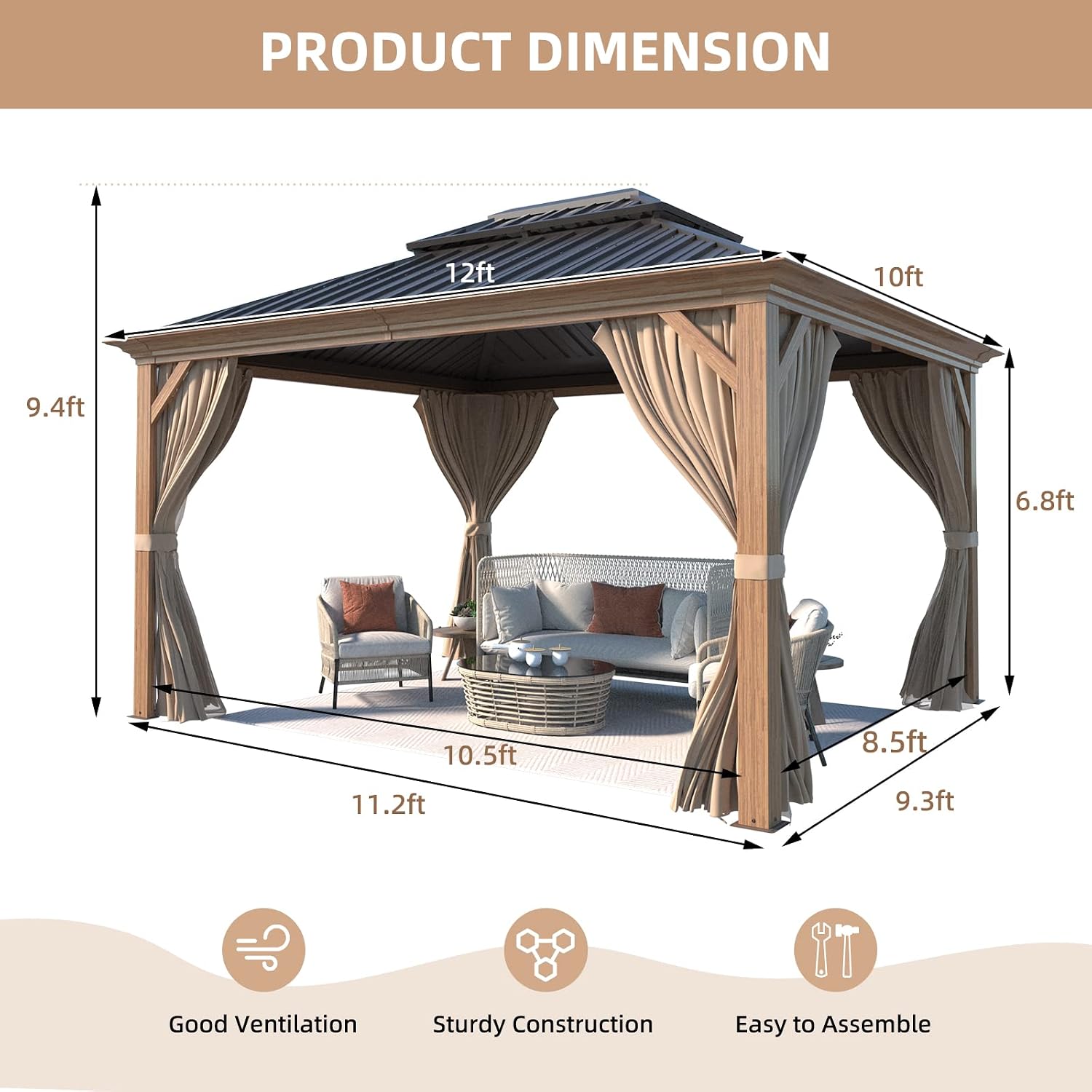 MELLCOM 10'x12' Hardtop Gazebo, Wooden Finish Coated Aluminum Frame Canopy with Galvanized Steel Roof, Outdoor Metal Gazebos with Curtains and Nettings for Patio, Backyard, Deck and Lawns