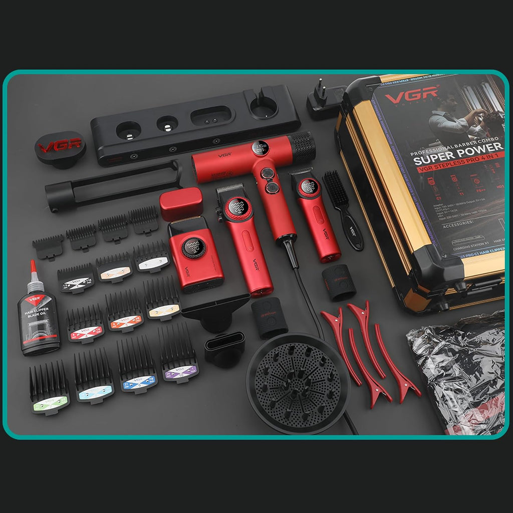 VGR Professional Barber Combo 4 in 1 – Cordless Hair Clipper, Trimmer, Foil Shaver & Powerful Hair Dryer Set for Men, 9000 RPM Motor, Long Battery Life, All-in-One Grooming Kit (Red)