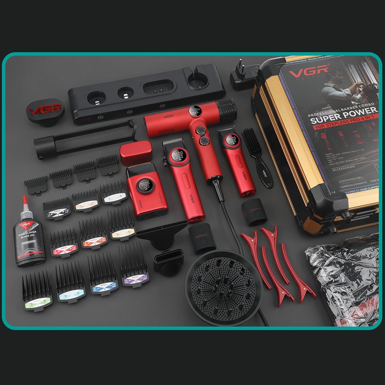 VGR Professional Barber Combo 4 in 1 – Cordless Hair Clipper, Trimmer, Foil Shaver & Powerful Hair Dryer Set for Men, 9000 RPM Motor, Long Battery Life, All-in-One Grooming Kit (Red)