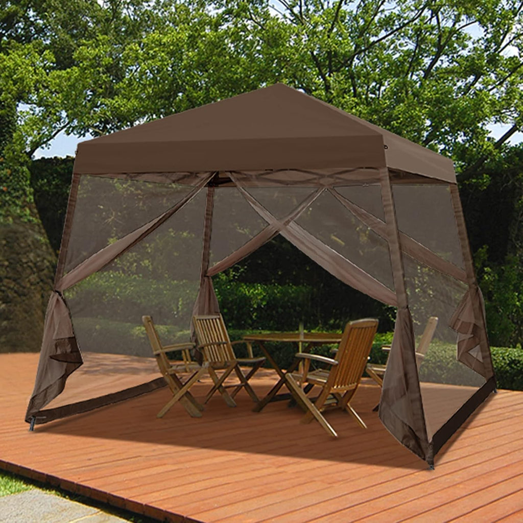 COOS BAY 10x10 Pop Up Canopy Tent with Screen Netting, Slant Leg Canopy with UPF 50+ UV Protection, 64 Sq Ft Shade, One Person Setup with Carry Bag, Brown