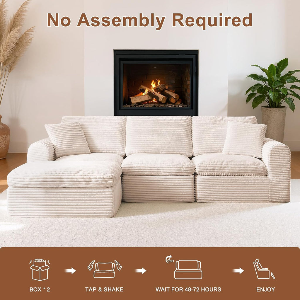 108' Modular Sectional Sofa Couches L Shaped Couch 3 Seater Cloud Sofa Memory Foam Sectional Couches for Living Room, Boneless Couch with Ottoman, Corduroy, Beige