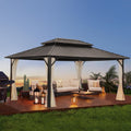 GDY 12' x 16' Hard Top Gazebo, Wood Finish Coated Aluminum Frame Gazebo with Galvanized Steel Double Roof, Metal Gazebo with Curtains and Netting for Patios, Lawns and Gardens.