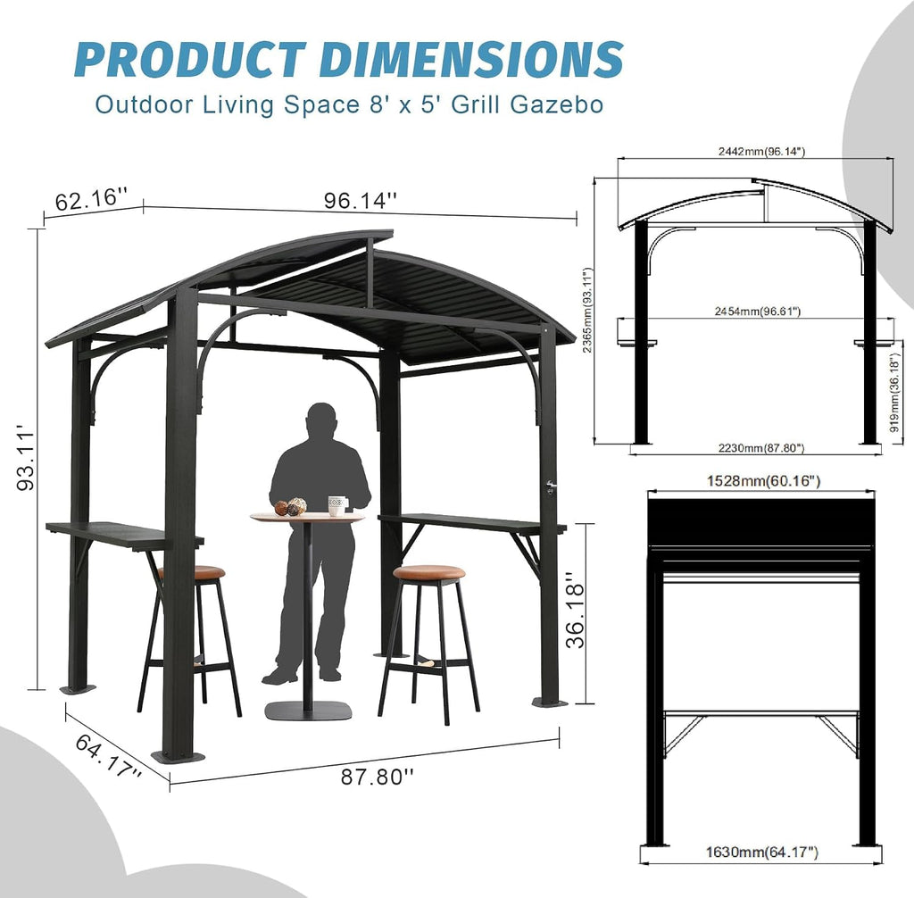 8x5FT Arc Roof, Grill Canopy for Outdoor Grill w,Double Galvanized Steel Roof and 2 Side Shelves, BBQ Gazebo Grill Tent for Patio GBackyard, Grey