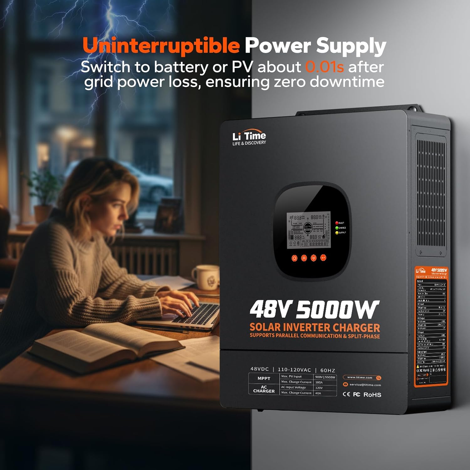 LiTime 5000W Solar Hybrid Inverter Charger, 48V DC to 120V AC Pure Sine Wave Inverter, Parallel Split-Phase for 240V, Built in 100A MPPT Solar Charger Controller for Home Backup, Off-Grid, Farm