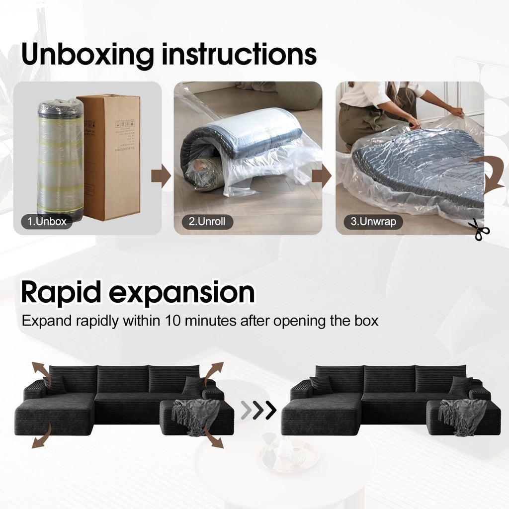 107' Comfy U-Shaped Sectional Modern Boneless Corduroy Couch with Chaise ‌and Ottoman‌ - No Assembly Required! Deep-Seat, Upholstered Modular Cloud Sofa for Living Room, Plush Corduroy Fabric(Black)
