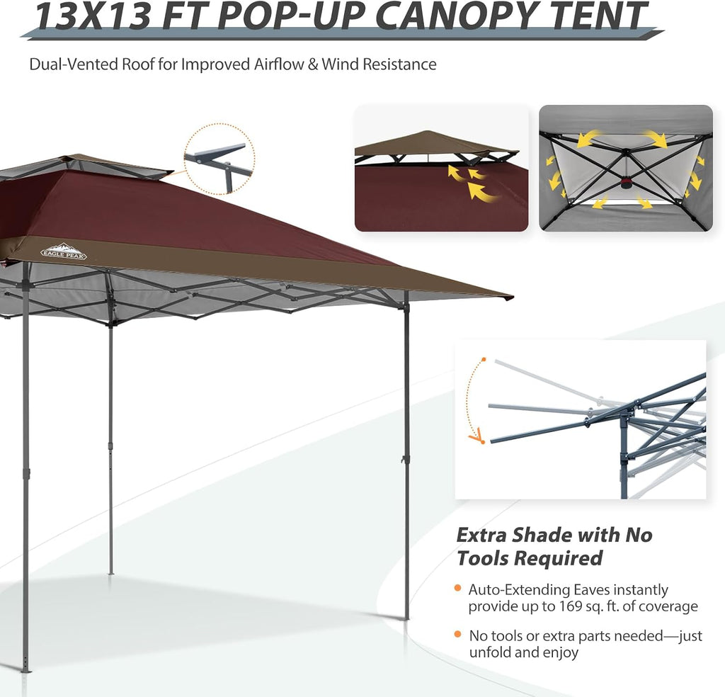 EAGLE PEAK 13x13 Straight Leg Pop Up Canopy Tent Instant Outdoor Canopy Easy Single Person Set up Folding Shelter w/Auto Extending Eaves 169 Square Feet of Shade (Burgundy/Brown)