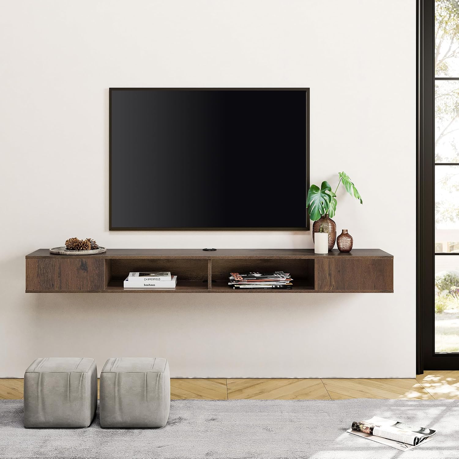 WAMPAT Floating TV Stand, 70 inch Media Console for 75 inch TV, Wall Mounted Storage for Living Room, Brown