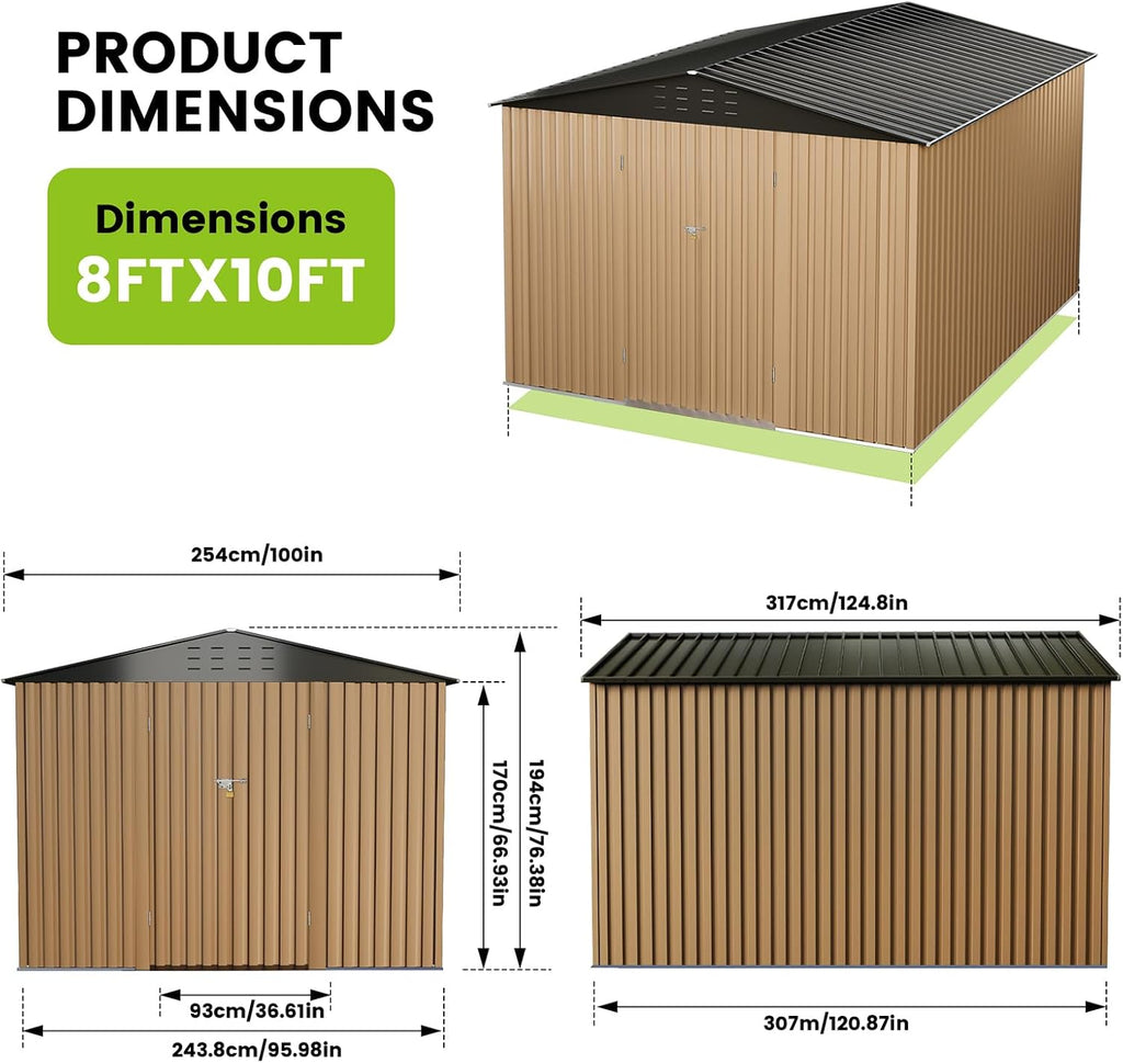 8x12 FT Outdoor Metal Storage Shed, Metal Tool Sheds with Sturdy Frame Structure, Large Garden Storage Shed with Lockable Door for Garden, Lawn, Backyard, Brown