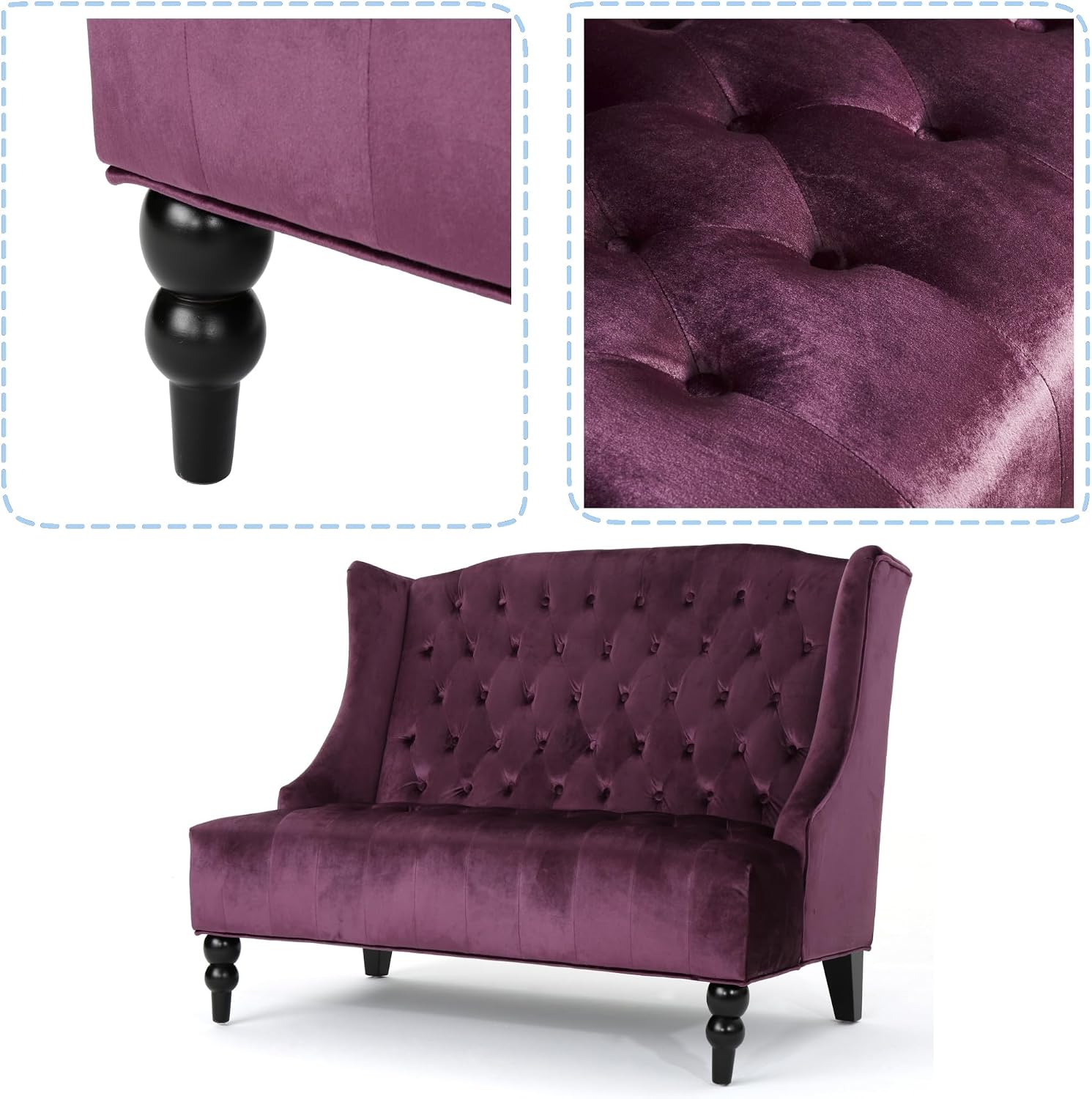 Modern Tufted Velvet Loveseat, 2 Seat Couch Sofas with High Back Thick Padded Cushioned Seats for Living Room, Victorian Style, Raisin