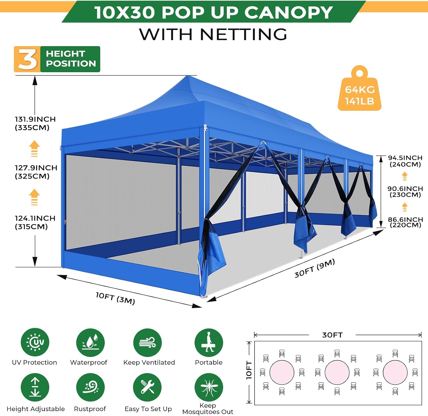 COBIZI 10x30 Heavy Duty Pop Up Canopy with 8 Mosquito Netting Wall, Easy Set Up Commercial Gazebo Party Tent, Outdoor Instant Screen Canopy for Backyard, Patio, Garden, Blue