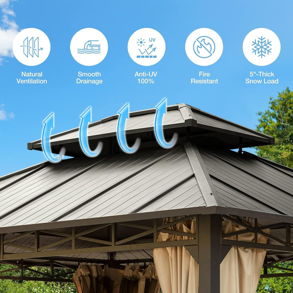 EROMMY 10'x12' Hardtop Gazebo, Metal Double Roof with Anti-Rust Coating Frame, Outdoor Waterproof Patio Gazebos with Shaded Curtains and Netting for Gardens, Lawns, Deck