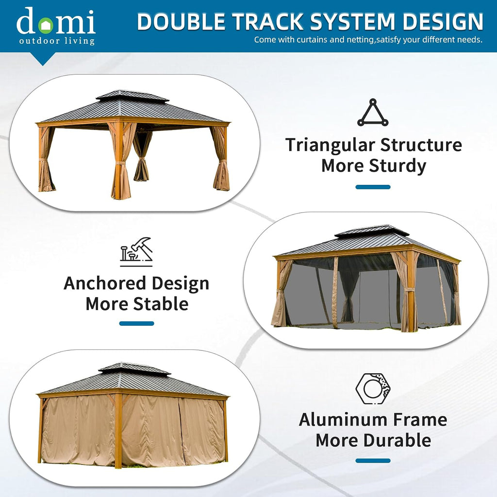 Domi Outdoor Living 12'x14' Hardtop Gazebo, Wooden Coated Aluminum Frame Canopy with Galvanized Steel Double Roof, Outdoor Permanent Metal Pavilion with Curtains and Netting for Patio, Deck and Lawn