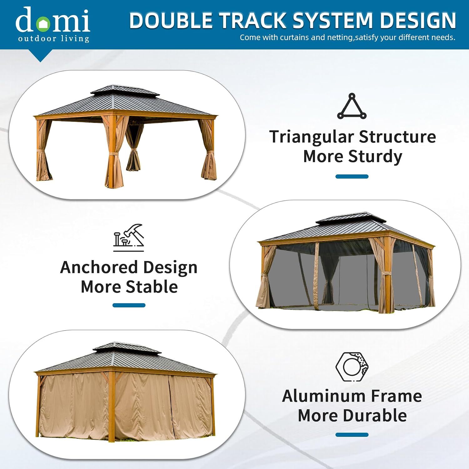 Domi Outdoor Living 12'x14' Hardtop Gazebo, Wooden Coated Aluminum Frame Canopy with Galvanized Steel Double Roof, Outdoor Permanent Metal Pavilion with Curtains and Netting for Patio, Deck and Lawn