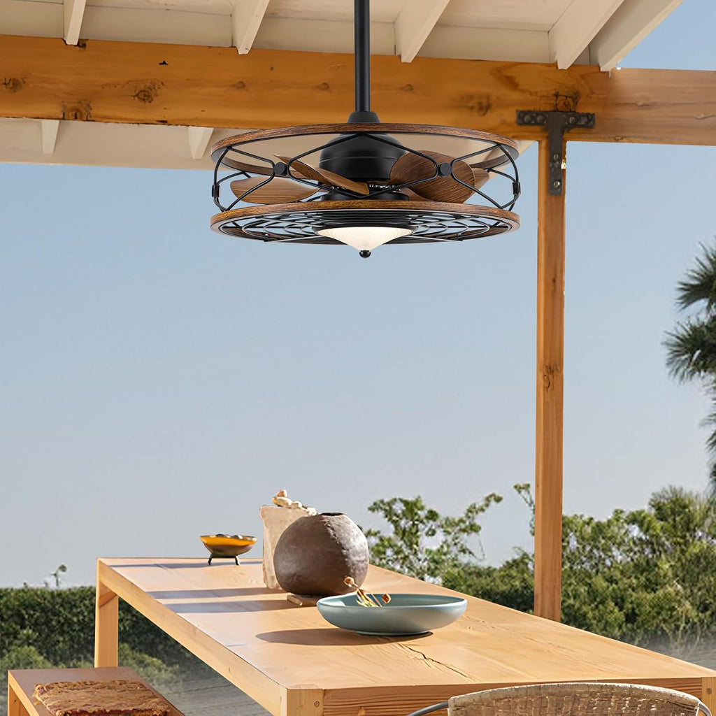 TIFEROR Outdoor Ceiling Fans with Lights and Remote for Patios, 20'' Wet Rated Gazebo Ceiling Fan, Plug in with 3 Color LED Light, Hanging with Hook, Lighting for Pergola Canopy