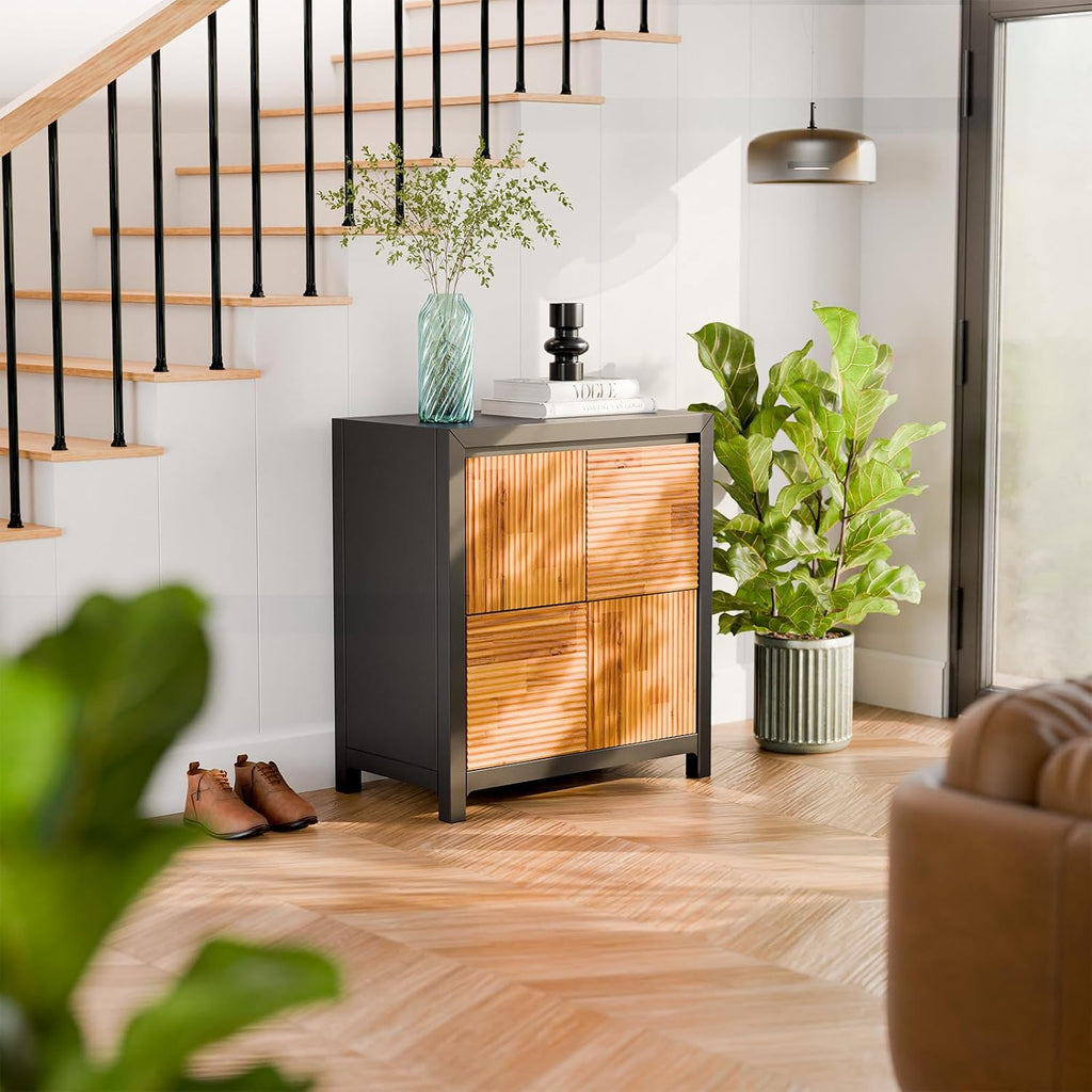 Bme Madia Accent Cabinet, Trendy Fluted Pattern Entryway Table with Storage with Convenient Soft-Close Doors, Solid Acacia Wood Frame with Adjustable Shelf and Legs, Fully Assembled