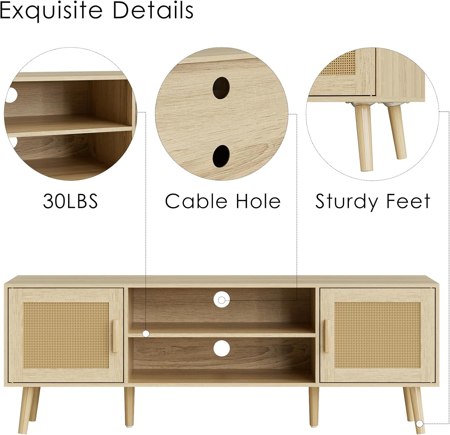 TV Stand for 55-65inch TV, Rattan Entertainment Center with Soft Hinge Door,TV Console Table with 2 Cabinets with Gold Handle and Feet,for Living Room, Bedroom, Natural