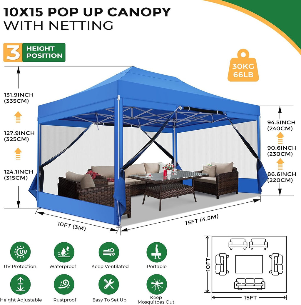 COBIZI 10x15 Heavy Duty Pop Up Canopy Tent with 4 Sidewalls, Commercial Gazebo Party Tent with Mosquito Netting Wall Easy Set Up Outdoor Instant Screen Tent for Backyard, Patio, Garden, Blue