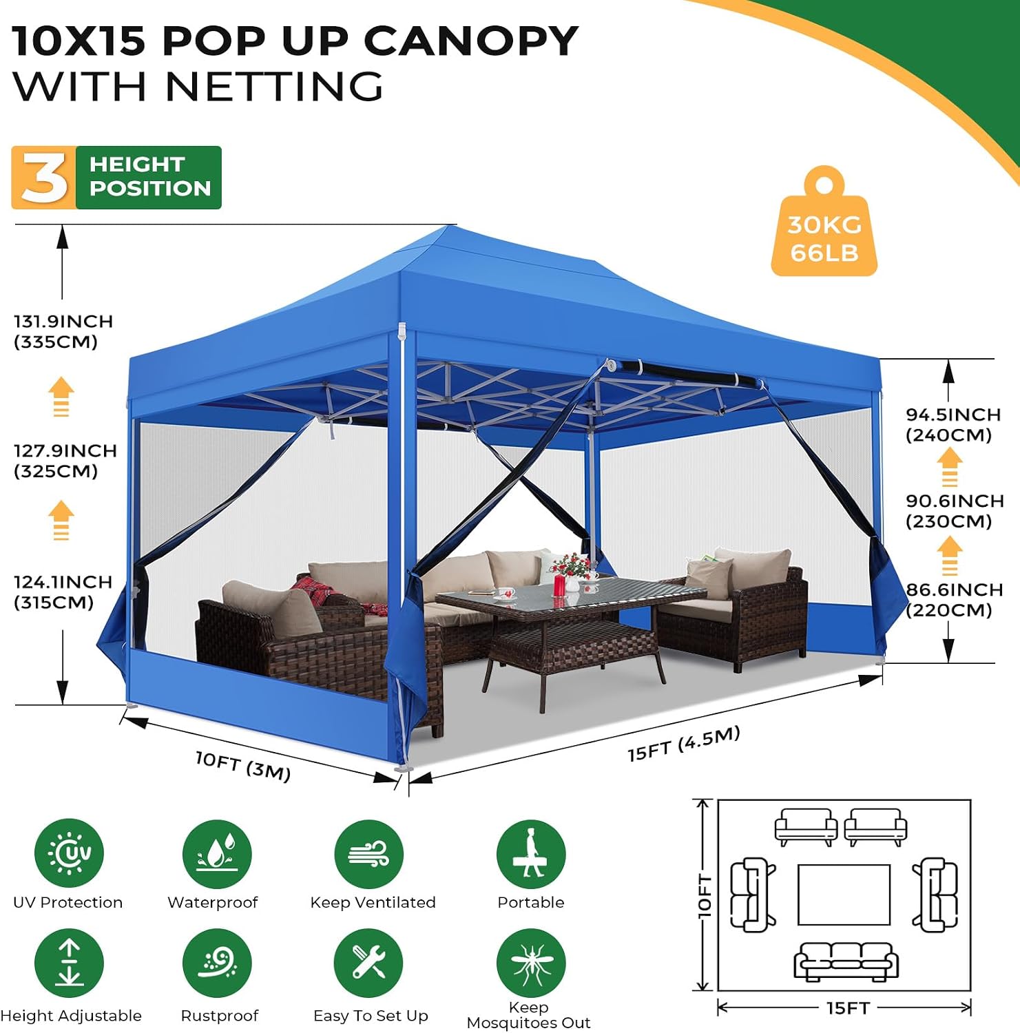 COBIZI 10x15 Heavy Duty Pop Up Canopy Tent with 4 Sidewalls, Commercial Gazebo Party Tent with Mosquito Netting Wall Easy Set Up Outdoor Instant Screen Tent for Backyard, Patio, Garden, Blue