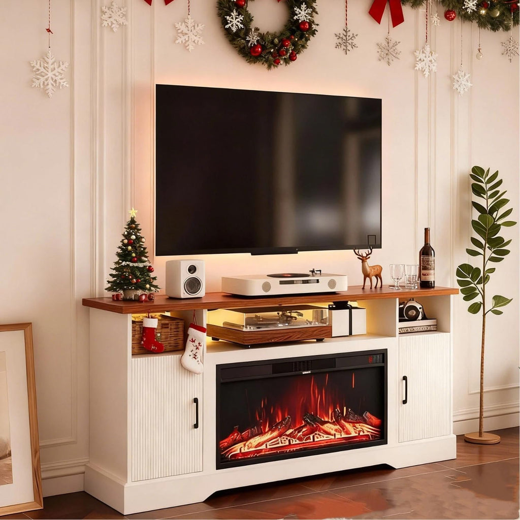 Farmhouse Fireplace TV Stand for up to 80 Inch TV, 70' Entertainment Center with Electric Fireplace & LED Strip, Fluted TV Consoles with Large Storage for Living Room (Fluted (White))