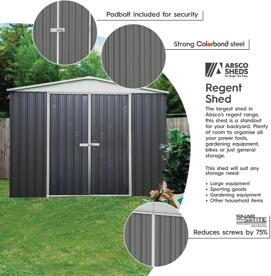 Absco Regent 10 Ft. x 12 Ft. Metal Storage Shed DIY Galvanized Steel Sheds for Tools, Bikes, Lawn & Garden Equipment, Outdoor Patio Furniture, Perfect in Backyard, Garden (Woodland Gray)