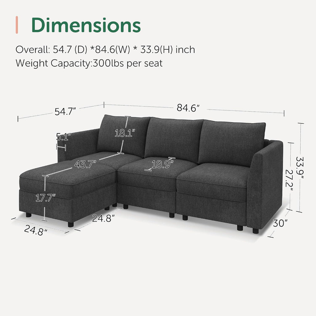 HONBAY Modular Sectional Sofa with Storage L Shaped Sectional Sofa, Convertible Couches for Living Room - Snowflake Velvet Grey