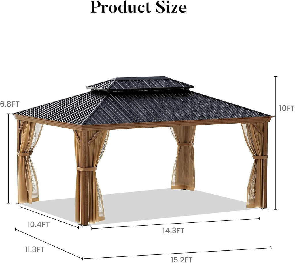 SUNBURY 10'x 12' Hardtop Gazebo, Double Roof Metal Gazebo, Outdoor Aluminum Frame Gazebos with Mosquito Netting and Privacy Screen for Patio, Backyard, Lawn, Garden, Deck, Wooden Look (Black Walnut)
