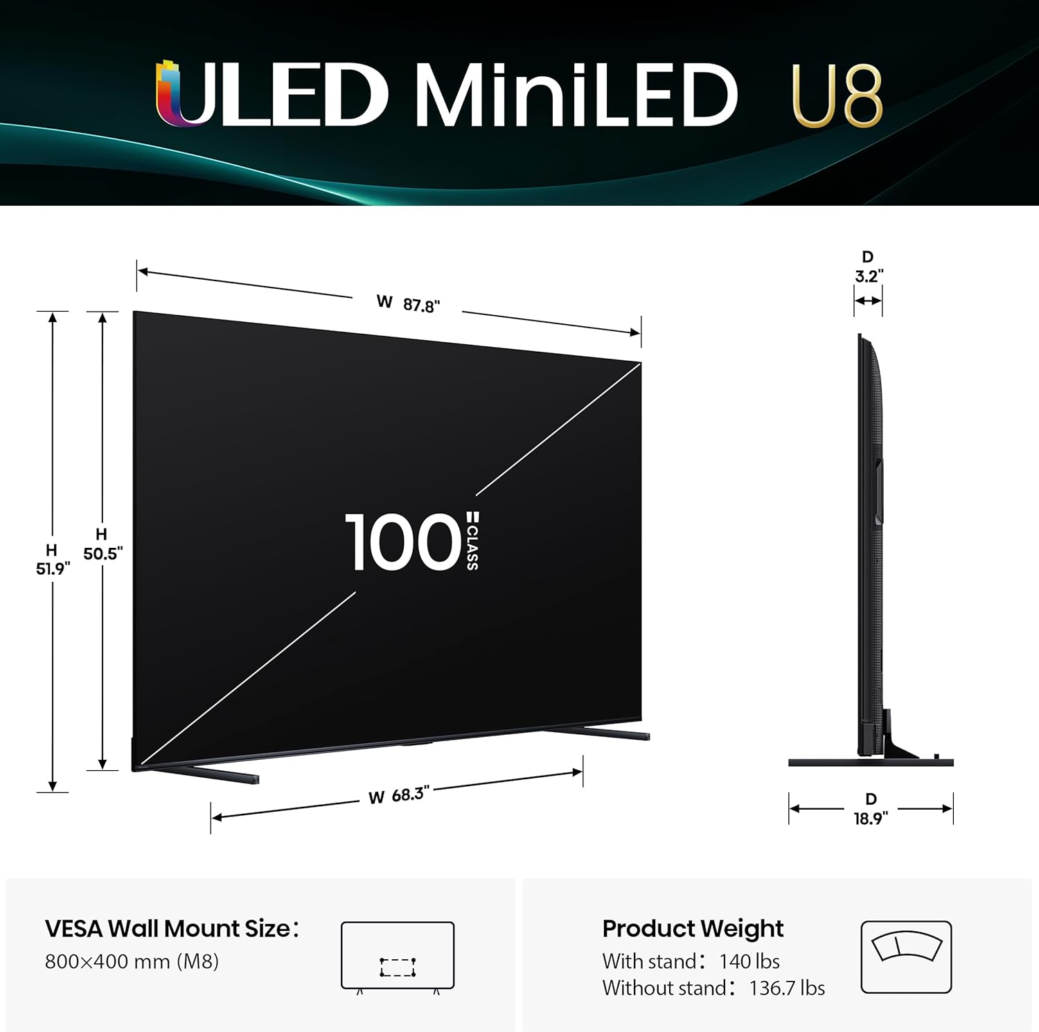 Hisense 100' Class U8 Mini-LED ULED 4K UHD Google Smart TV (100U8QG, 2025 Model) - QLED, Native 165Hz, VRR 288, Up to 5000 Nits, HDR10+, Dolby Vision IQ · Atmos, IMAX Enhanced, 4.1.2 Ch Surround