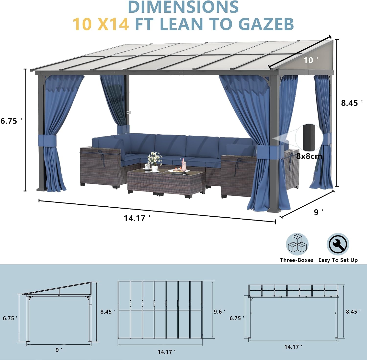 Kurapika 10' x 14' Wall Mount Gazebo Outdoor Pergola, Hardtop Lean to Gazebo Canopy Awnings with Sloped Roof and Sturdy Steel Frame, for Patio, Porch, Deck, Backyard(Navy Blue)
