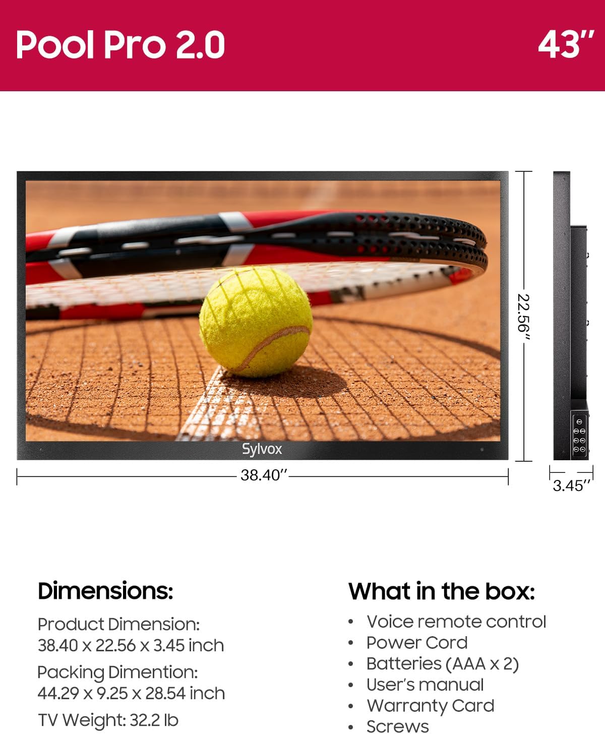 SYLVOX Outdoor TV, 43-Inch Waterproof Smart TV, 2000 nits Full Sun TV, 4K, Dolby Atmos, HDR10, Weatherproof Television with Voice Assistant Remote (Pool Pro 3.0, Latest Model)