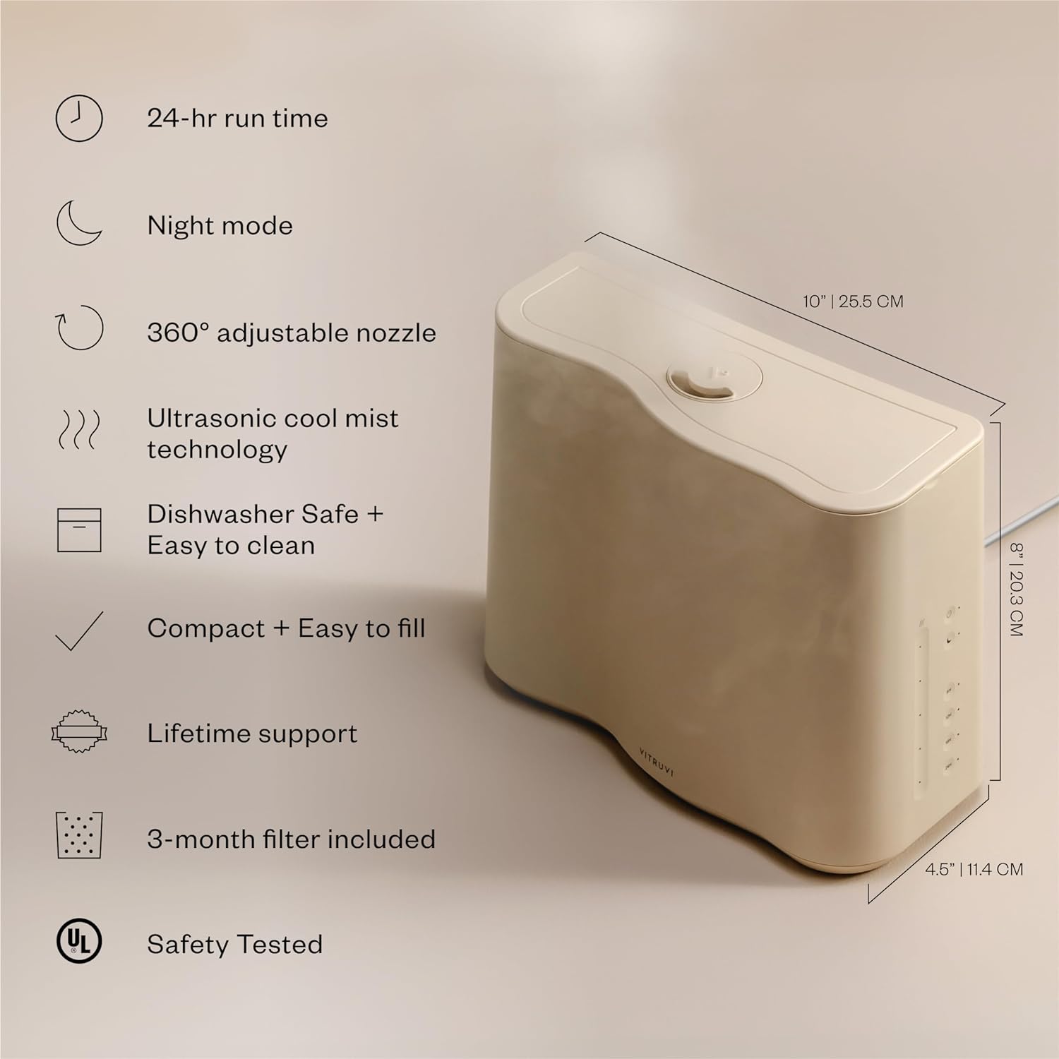 Vitruvi Cloud Humidifier for Bedroom | Large Humidifier Up to 600 sq ft | Cool Mist Humidifiers for Bedroom Quiet | Ultrasonic Humidifiers | 24 Hr Run Time - Oat