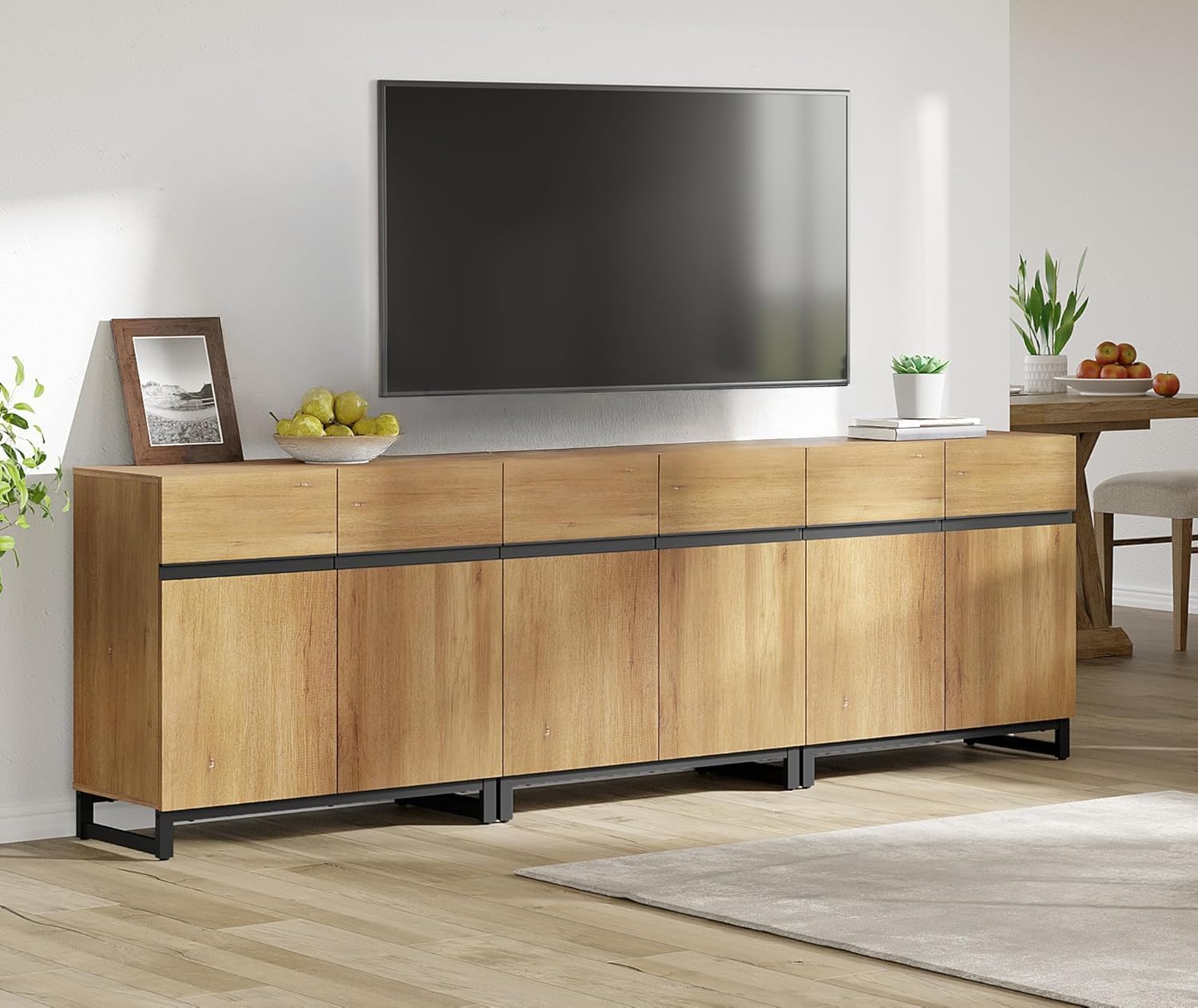 WAMPAT Modern TV Stand for TVs Up to 100 Inch, 3-in-1 Wood Entertainment Center with Adjustable Shelves & Protective Foot Pads, Metal Base Media Console for Living Room, Oak