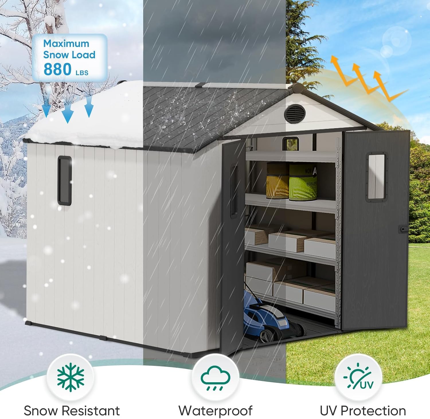 8x6 Outdoor Storage Shed with Floor, Heavy Duty Resin Tool Shed, Weather Resistant Garden Storage Building with Windows & Ventilation, White/Gray