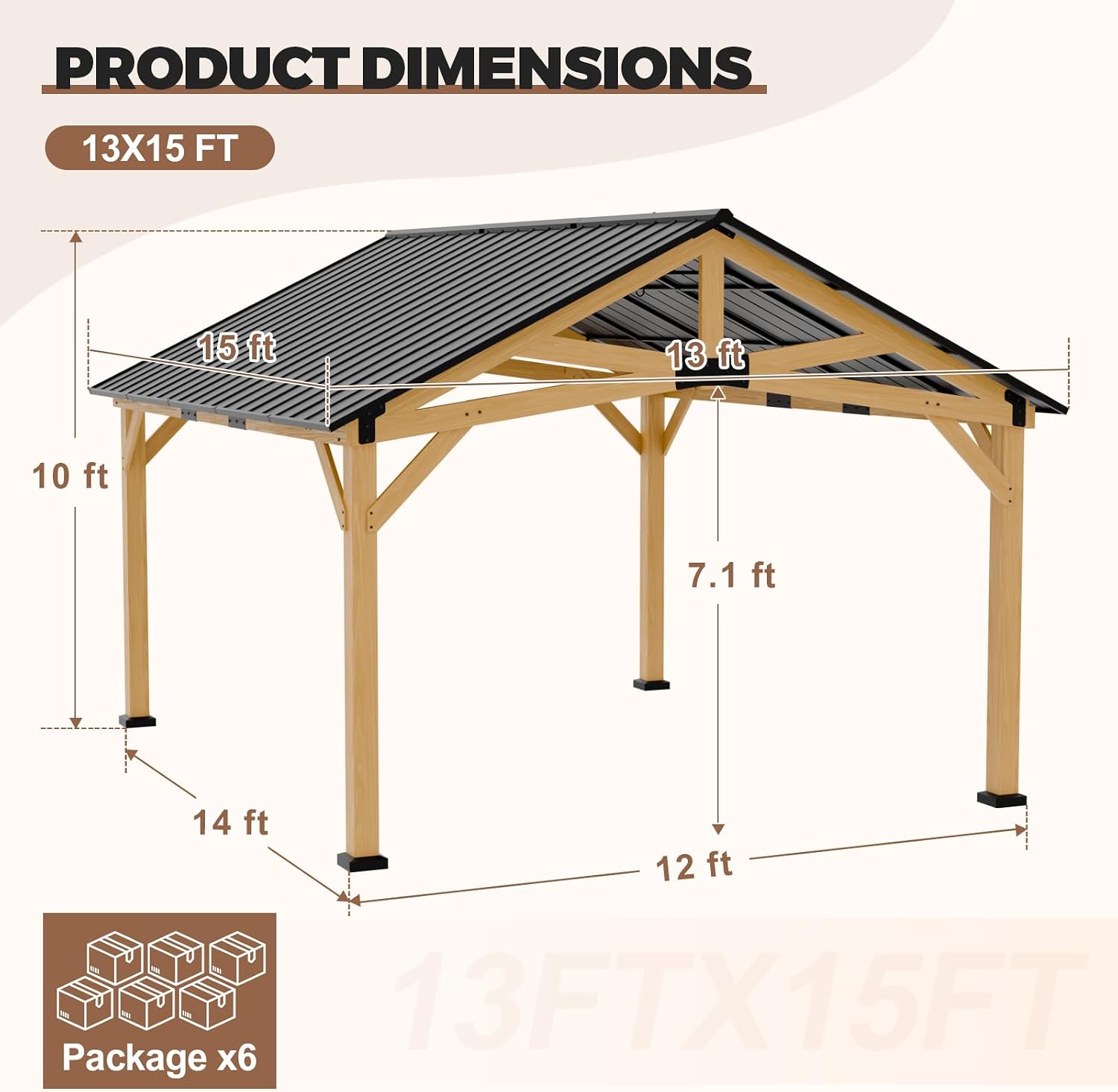 13x15 Hardtop Gazebo, Galvanized Steel Gable Roof Exposed Beam A-Frame Outdoor Pavilion with Cedar Wood Frame, Patio Gazebo for Deck, Garden, Lawn, Natural Wood/Black