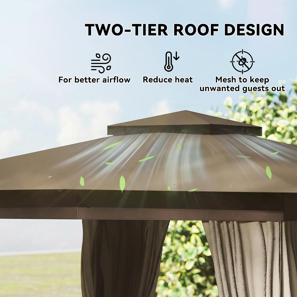 Outsunny 10' x 10' Outdoor Patio Gazebo, Heavy Duty Gazebo Canopy Shelter with Double Roof, Curtains, Netting, Steel Frame, UPF30+ Protection, Ceiling Hook for Lawn, Backyard, Deck, Khaki