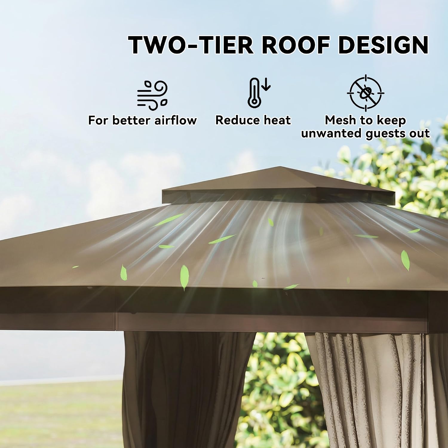 Outsunny 10' x 10' Outdoor Patio Gazebo, Heavy Duty Gazebo Canopy Shelter with Double Roof, Curtains, Netting, Steel Frame, UPF30+ Protection, Ceiling Hook for Lawn, Backyard, Deck, Khaki