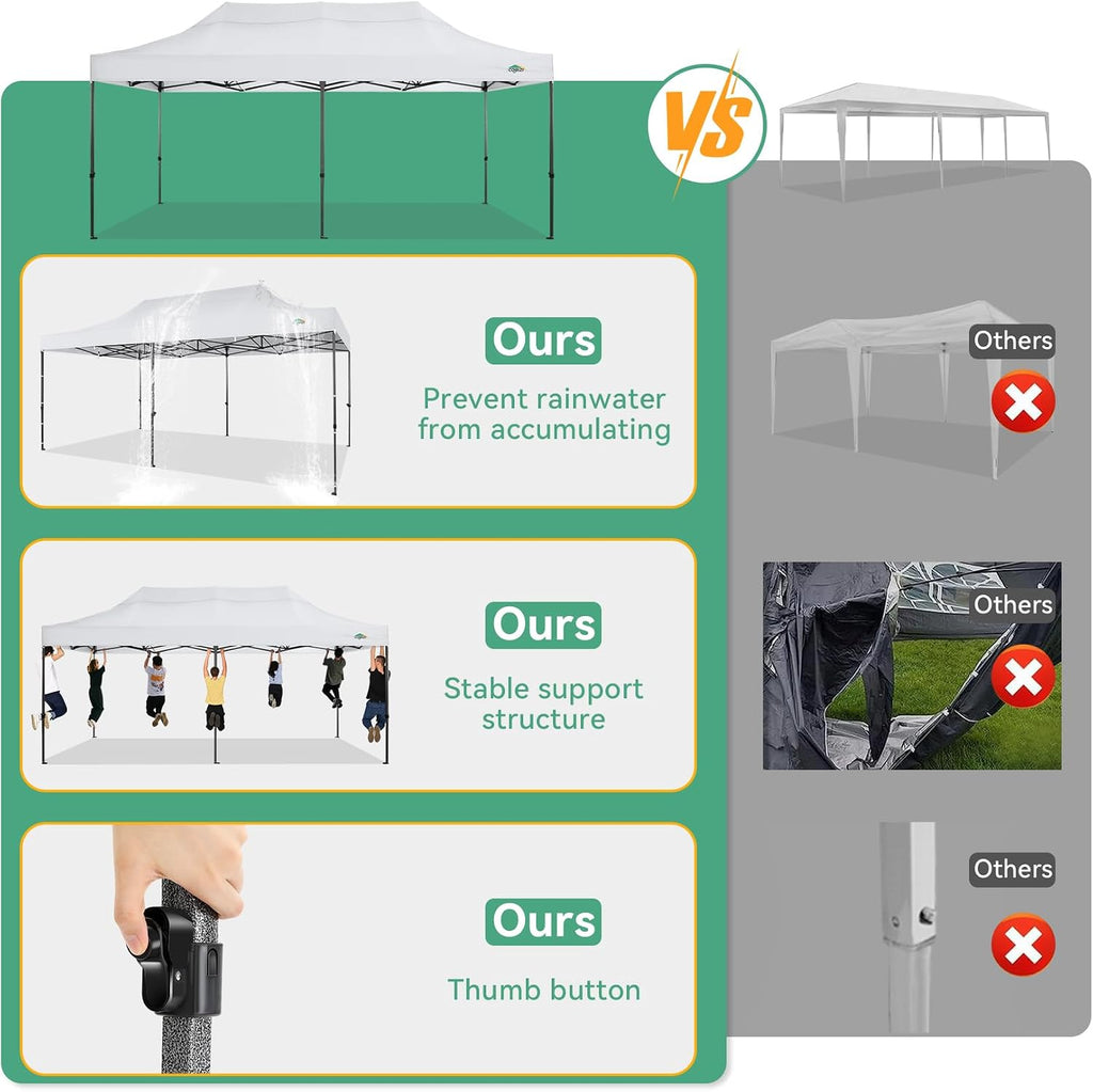 COBIZI 10x20 Heavy Duty Pop Up Canopy Tent with 6 Sidewalls Thicken Frame, Commercial Easy Up Outdoor Wedding Party Tents, All Season Waterproof Windproof with Stakes Sandbags Ropes Roller Bag, White