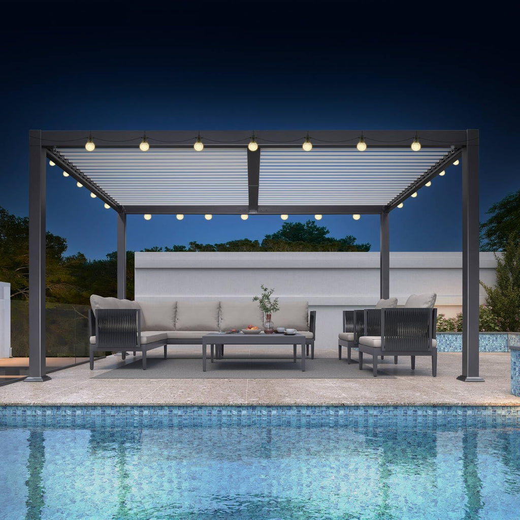 PURPLE LEAF Louvered Pergola 10' x 14' Patio Aluminum Pergola with White Adjustable Rainproof Roof Grey Frame Hardtop Gazebo for Outside Deck Backyard