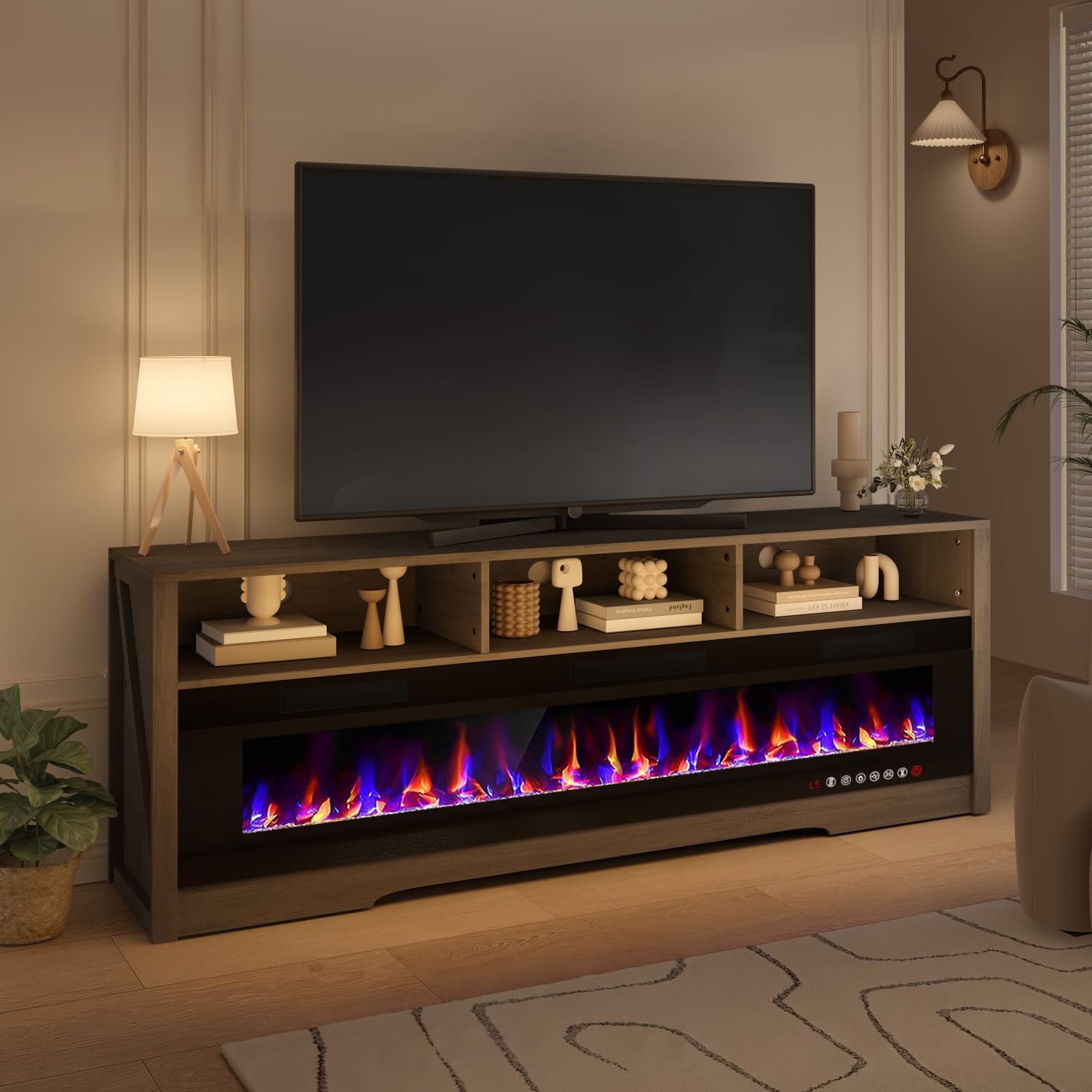 PRETZI 65' Fireplace TV Stand with 60' Glass Electric Fireplace for TVs Up to 75 inch, Modern Fireplace Entertainment Center with Open Storage Shelf, Media Console TV Cabinet for Living Room, Grey