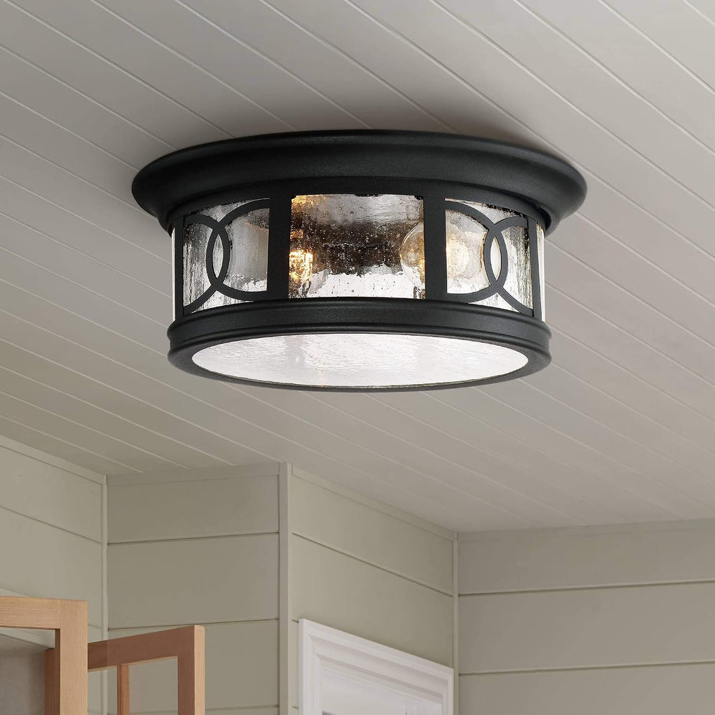 John Timberland Capistrano Mission Flush-Mount Outdoor Ceiling Light Fixture Black 12' Seedy Glass Damp Rated for Exterior House Porch Patio Outside Deck Garage Front Door Garden Home Gazebo